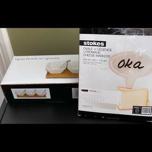 Set of 3 square ceramic bowls on wooden tray and set of 6 cheese markers. New